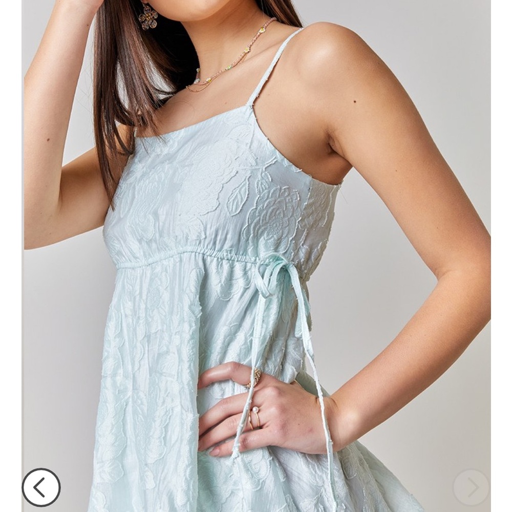 NWT Francesca’s Floral Joss Jacquard Babydoll Mini Dress Mint Baby Blue - Picture 7 of 8
